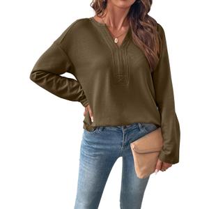 SHEWIN Womens Casual V Neck Sweatshirt Long Sleeve Lightweight Drop Shoulder Solid Pullover Tops (Green, M)