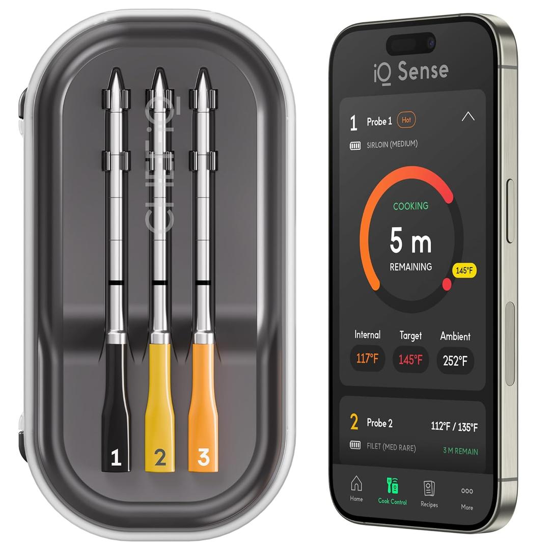 CHEF iQ Sense | Smart Wireless Meat Thermometer | 3 Ultra-Thin Probes | WiFi Unlimited Range | 1000F Heat Safe | 5 Sensors | BBQ, Grill, Oven, Smoker, Air Fryer | Gen3 (Black)