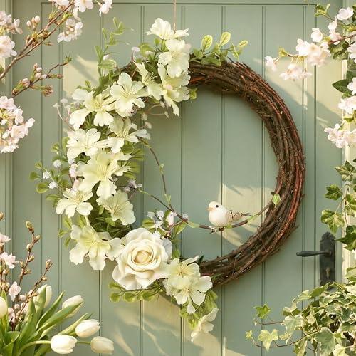 Boao Rustic Spring Wreaths for Front Door with Yellow Fake Bird White Rose Cherry Blossoms Grapevine Artificial Flower Wreath Farmhouse Outdoor Floral Wreaths Outdoor Indoor Home Decorations, 10 Inch