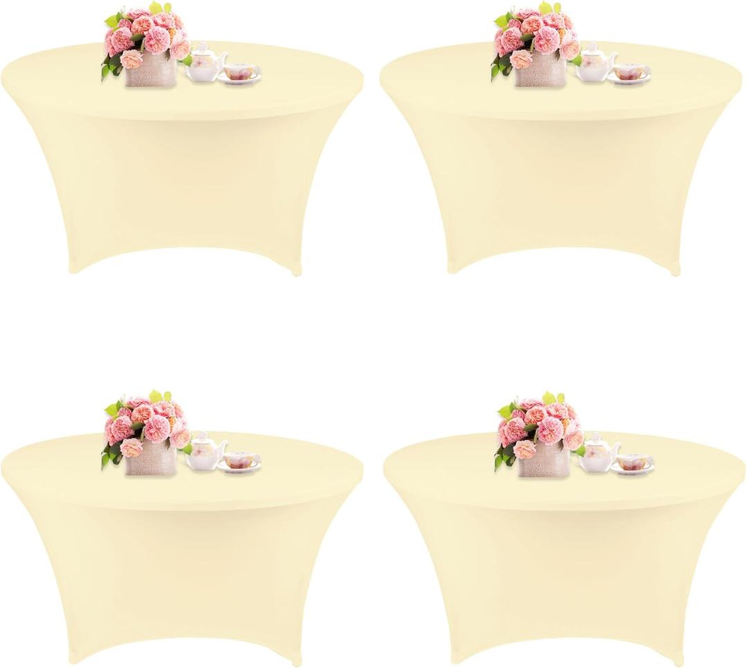 4 Pack 6FT Round Spandex Tablecloth 72 Inch Beige Stretchable Table Cover Washable and Wrinkle Resistant Table Cloth, Fitted Round Table for Wedding, Banquet, Birthday, Party, Restaurant (Beige)