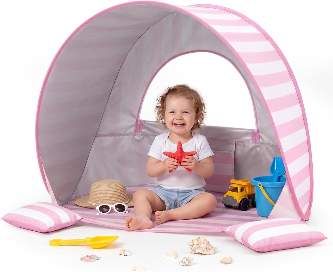 Baby Beach Tent, Pop Up UPF 50+ Sun Shelter | Silver-coated UPF 50+ sun shelter with instant pop-up design for beach, park and backyard use, Pink, 35" x 26" x 26"