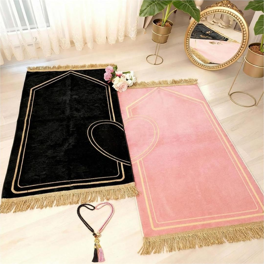 2 Pcs Muslim Couple Prayer Rug Set Heart Design with 2 Pcs Prayer Beads Islamic Muslim Gift Black and Pink Travel Mat Soft Velvet Mat for Couple Women Men Ramadan Eid Wedding Birthday