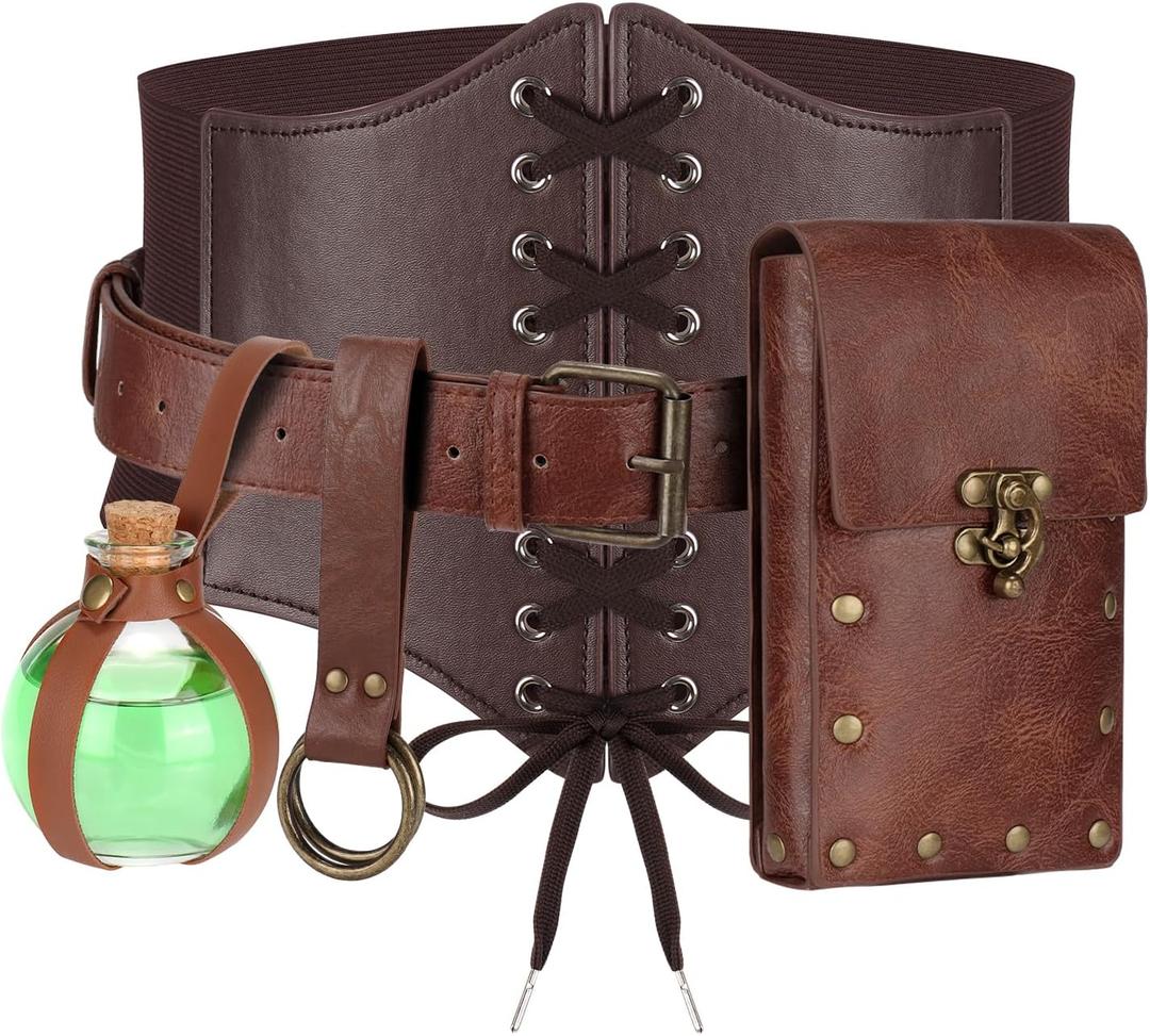 Women Renaissance Corset Belt Pouch Halloween Medieval Renaissance Costume Accessories (L/Waist 32"-43", Brown Potion Bottle Set)