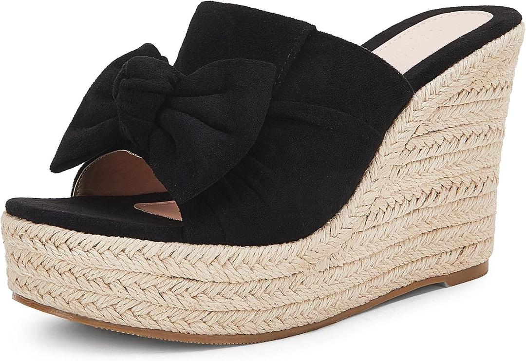 PiePieBuy Womens Platform Espadrilles Slip On Wedge Sandals Bow Tie Open Toe Slides Shoes (Black) 8
