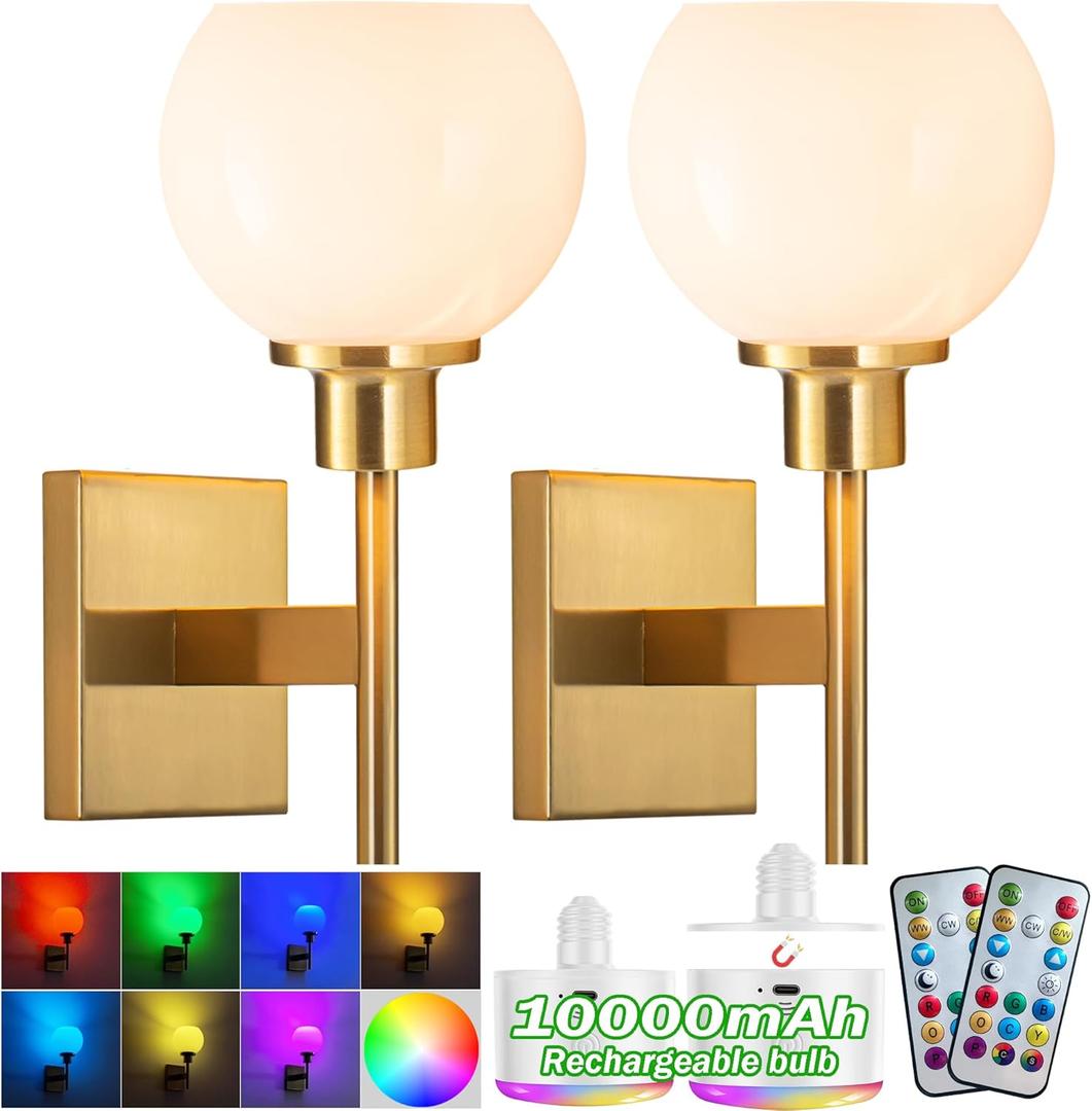 Battery Operated RGB Color Changing Rechargeable Wall Sconce Set of 2, Glass Globe, Up to 50 Hours Use, No Wiring for Bedroom Living Room (Color : Brass)