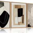 Abstract Modern Geometric Framed Canvas Wall Art Set,Neutral Tone Beige Black Brown Wall Decor,Minimalist Textured Line Shape Artwork for Living Room, Bedroom,Farmhouse-24 x36 x3