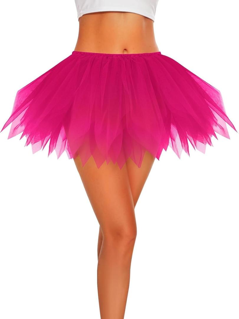 Tulle Tutu Skirt Shredded for Women Teens Short Layered Ballet Petticoat Elastic Waist Halloween Costume 80s Party Cosplay (Pink)