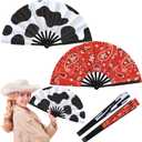 GlikCeil 2 Pcs 13 inch Folding Hand Fan Patterned Folding Fans Foldable Party Favors for Music Festivals, Club Events, Dances Cowgirl, Cowboy Accessory for Western Party (Bandanas,Cow Style)
