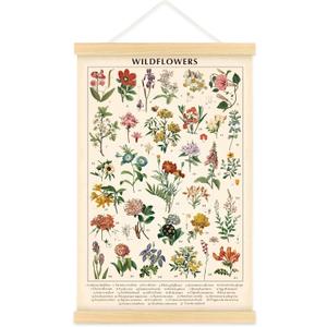 Vintage Wildflowers Poster Botanical Wall Art Prints Colorful Rustic Style of Floral Wall Hanging Illustrative Reference Flower Chart Poster for Living Room Office Bedroom Decor Frame 15.7 x 23.6 Inch
