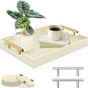 SXNOWS Ottoman Tray for Coffee Table & Couch, Large Wooden Serving Tray with 2 Set of Handles - Modern Farmhouse Rectangle Decorative Tray for Living Room Kitchen Includes 4 Coasters, Off-White/Cream
