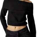 Women Casual Off Shoulder Sweater Long Sleeve Ribbed Knit Crop Top Pullover Slim Fit Irreguar Knitted Cropped Blouse, M