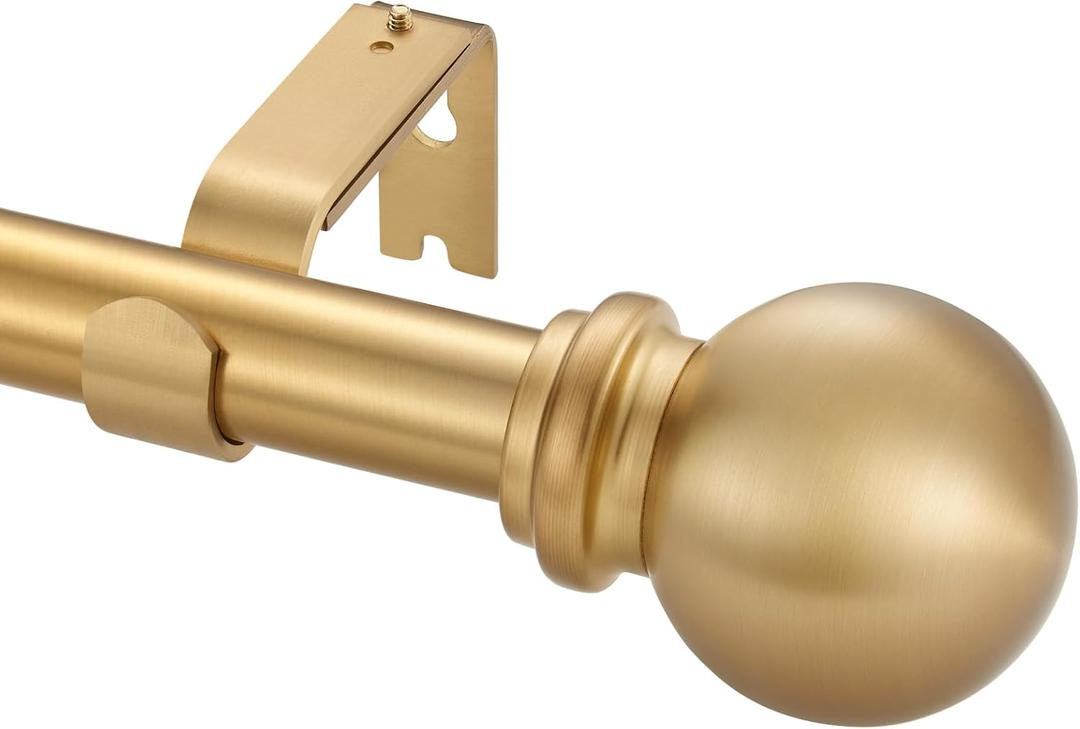 Warm Gold Curtain Rods for Window 72-144 Inch, Decorative Curtain Rod with Ball Finials, Adjustable Single Drapery Rod Warm Gold, 1 Inch Diameter Heavy Duty Curtain Rod
