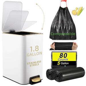 XLHOMO Small Bathroom Trash Can with Lid Soft Close, 1.8 Gallon Stainless Steel Garbage Can with Removable Inner Bucket,75Count Trash Bags, Slim Step Pedal Trash Bins