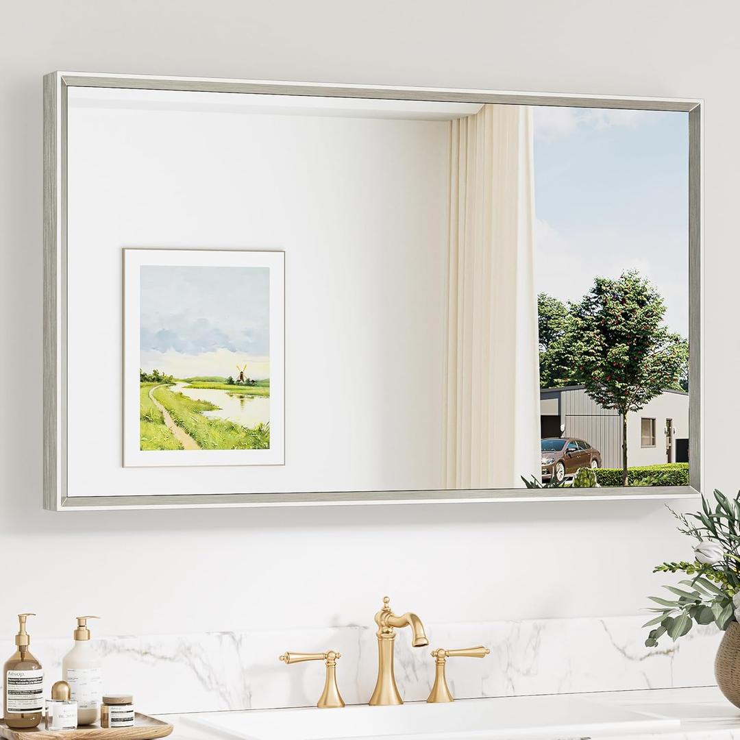 Keonjinn 40 x 24 Inch Brushed Nickel Bathroom Mirrors for Over Sink, Beveled Rectangle Framed Mirrors for Wall, Farmhouse Bathroom Vanity Mirror, Tempered Glass, Square Corner