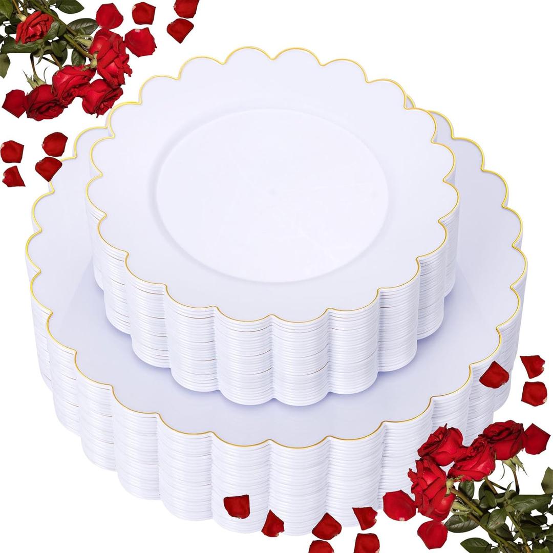 LIYH 60 Pcs Gold White Plastic Plates Scalloped Disposable Combo Includes 30 Dessert & 30 Dinner Plates for Valentines Day Birthday Wedding Party