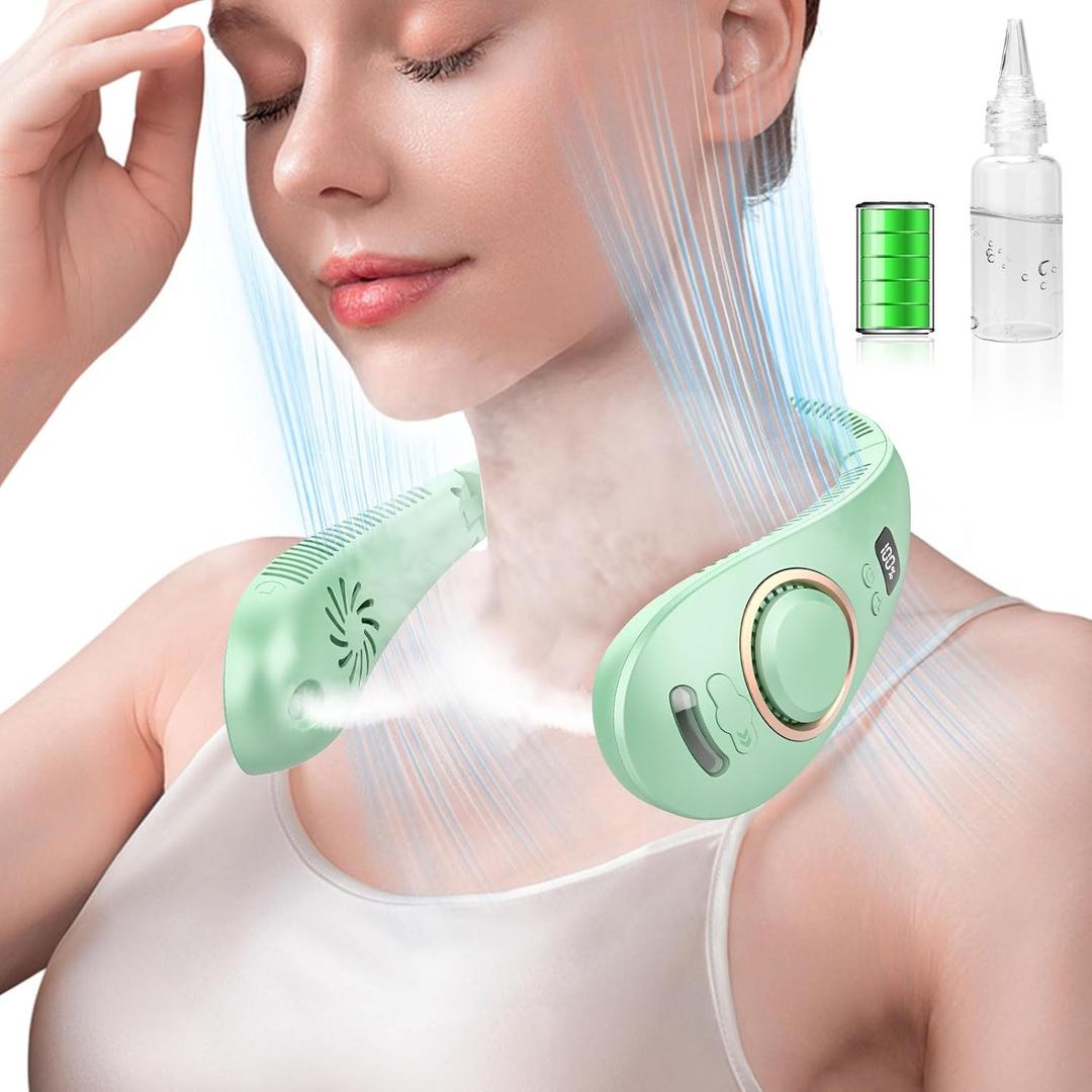 Personal Fan Neck Fan Mister-Fold away Wearable around the Neck Fan, Cordless Bladeless Personal Cooling Device,Neck Coolers for Women Men Kids Dad Mom Extremely Hot Weather Indoor Outdoor Green, 1.8 x 4.8 x 6.8 inches