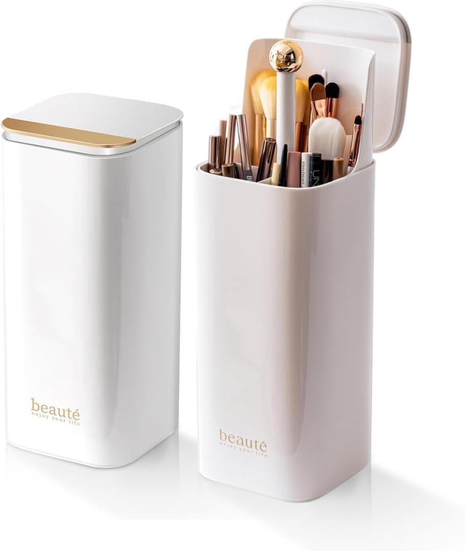 Upgrade Makeup Brush Holder Organizer with Lid, Automatic Lifting Dustproof Makeup Brushes Organizer with 4 Compartments for VanityCosmetic Storage for Dresser Countertop and Bathroom (White Gold)