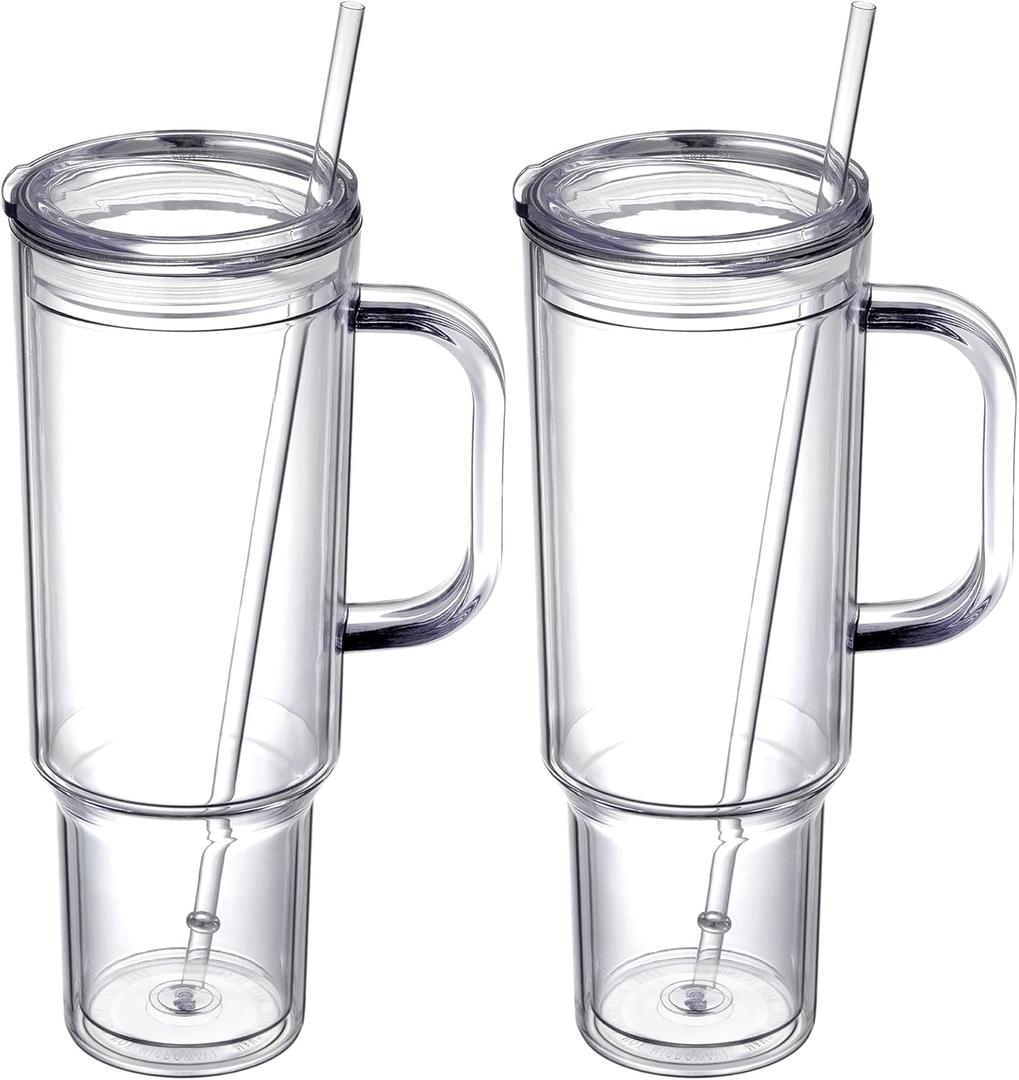 40 oz plastic tumbler with handle and Straw Lidclear tumblerDouble Wall Vacuum Reusable plastic Water Bottle Travel Mug CupClassic Acrylic Tumblers (2 Pack)