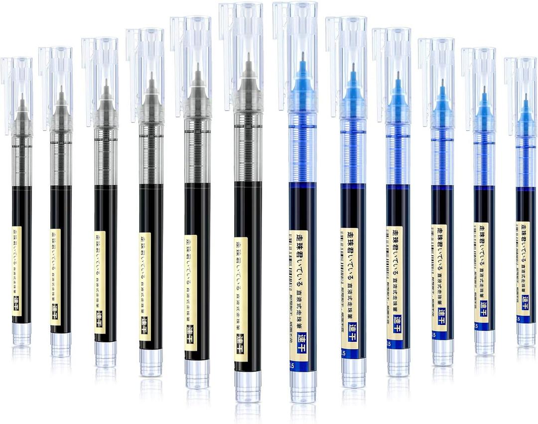 Frienda 12 Pieces Rolling Ball Pens 0.5 mm Japanese Quick Drying Fine Point Pens Liquid Ink Smooth Writing for Office Student Back to School Supplies(Black and Blue)