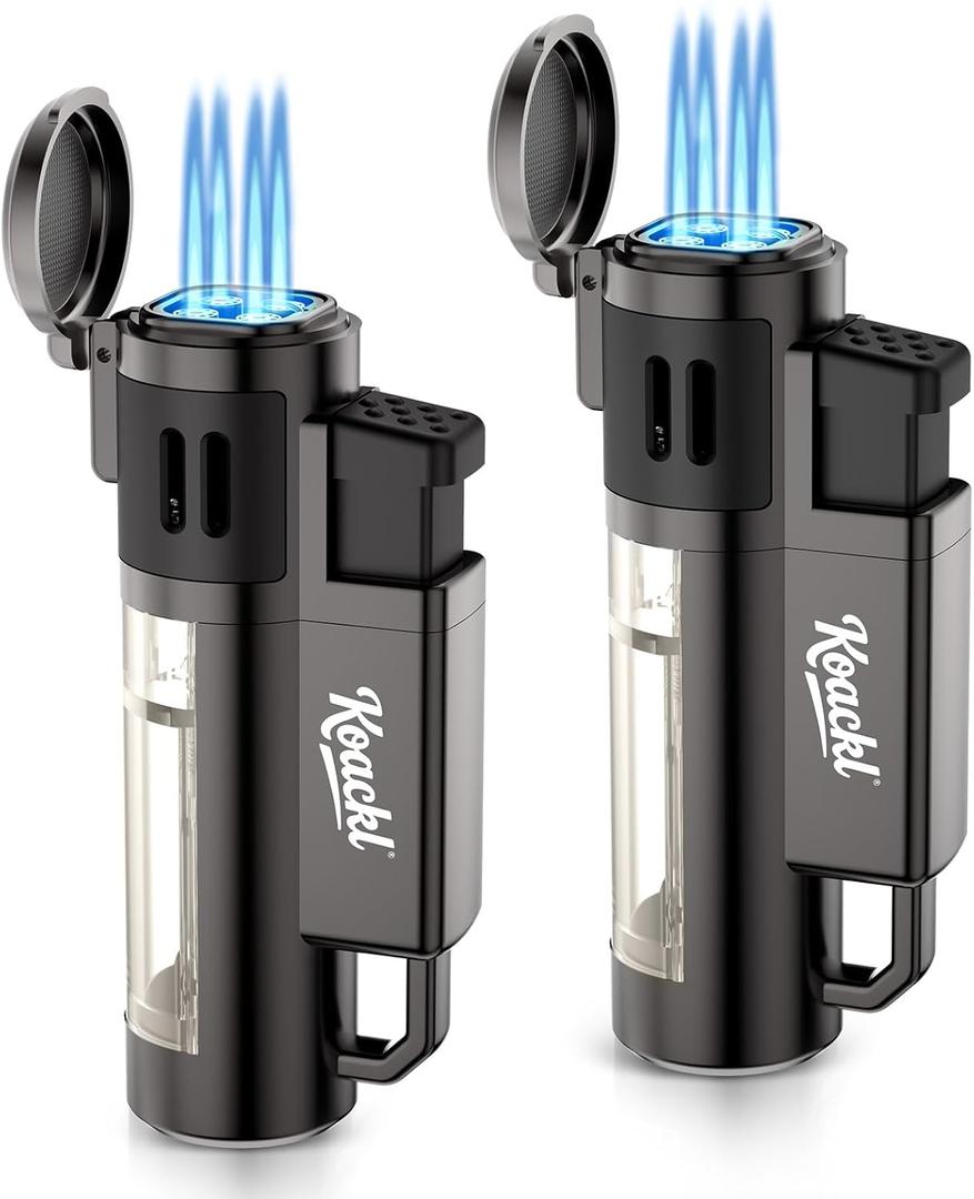 Torch Lighter, Refillable Windproof Adjustable Quad Jet Flame Butane Lighter for Candle Grill BBQ Camping Fireworks, 2 Pack (No Fuel Included)