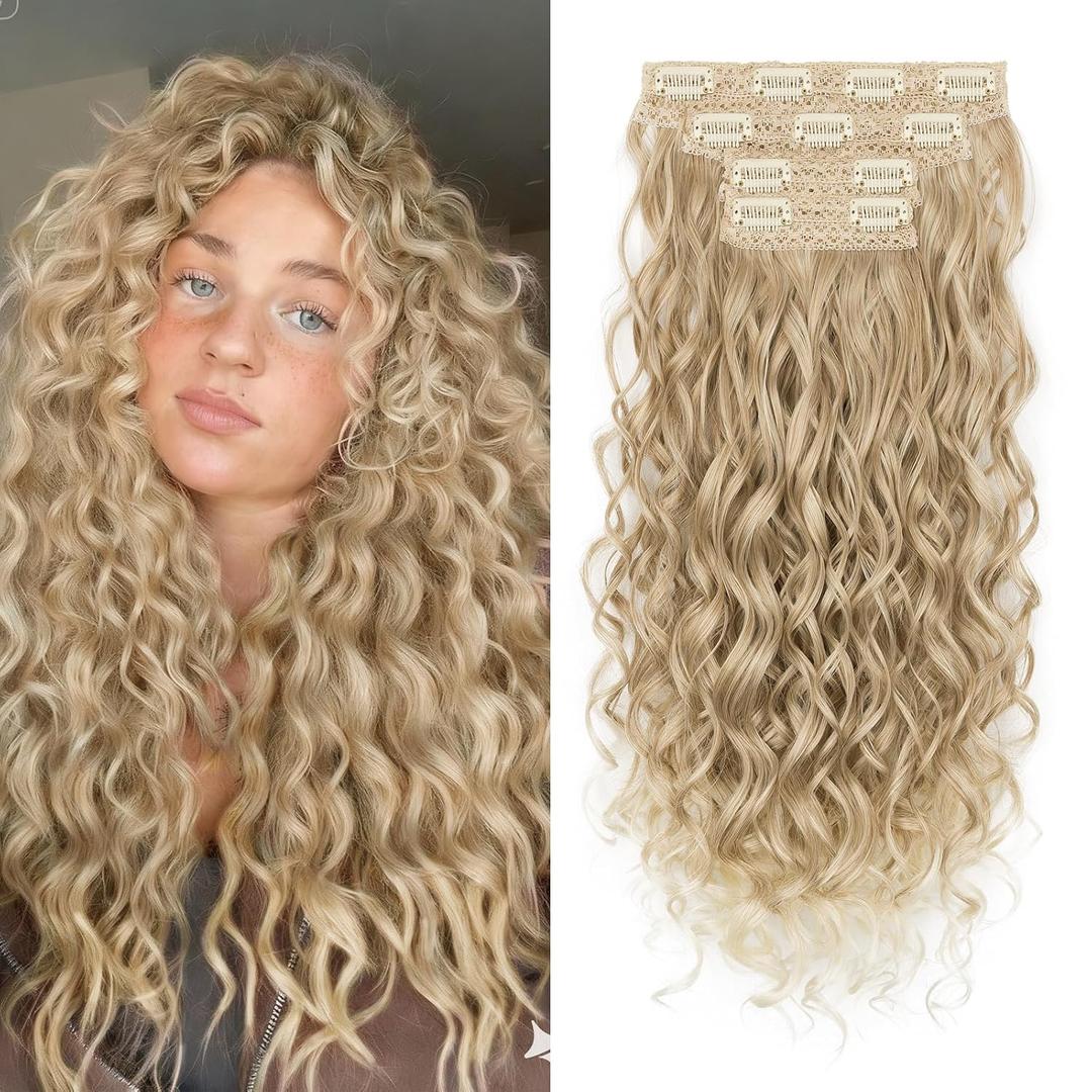 Curly Clip In Hair Extensions, 4PCS 20 Inch Dark Blonde with Light Blonde Extensions Clip Ins, Lace Weft Short Curly Invisible Natural Hairpieces for Women