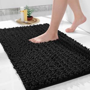 Yimobra Bath Rug Mat, 32" x 20", Soft Shaggy Non-Slip Chenille Bathroom Rugs, Large Size, Super Absorbent and Thick, Machine Washable Bathroom mat, Tub and Shower, Home Decor Accessories, Black