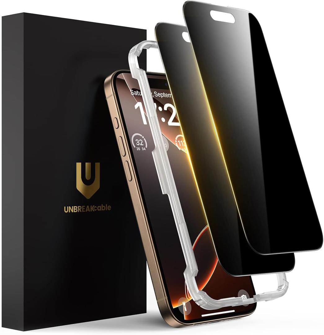 UNBREAKcable Privacy Screen Protector for iPhone 16 Pro, Anti-Spy Shatterproof Tempered Glass [True 28Anti Spy] [9H Hardness] [Easy Installation Frame] Black Protector for iPhone 6.3" - 2 Pack