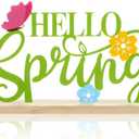 Roowest Metal Hello Spring Table Sign with Wooden Base Spring Flower Butterfly Tabletop Decoration Centerpiece Farmhouse Rustic Seasonal Tiered Tray Decor for Home Office Desk Shelf Mantel Easter Gift