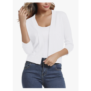 Urban CoCo Women's 3/4 Sleeve Cropped Cardigan Sweater Elegant Shrugs for Women, White, S