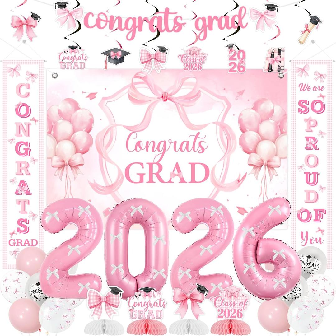 Bow Graduation Party Decorations 2026 Congrats Grad Backdrop, Banner, Class of 2026 Hanging Swirls Honeycomb Centerpieces,Balloons Congratulate Party Decor for 2026 Graduation Party Supplies
