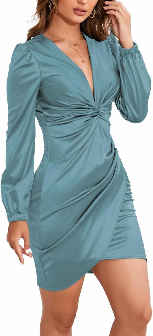 TDiooCor Womens Cocktail Ruffle Deep V Neck Bodycon Dress | Long Sleeves,Curvy,Ruched Draped,Knee Length,Wrap,Elegant Midi Formal Wedding Guest Party Club Prom Graduation Dress (Green, XXL)