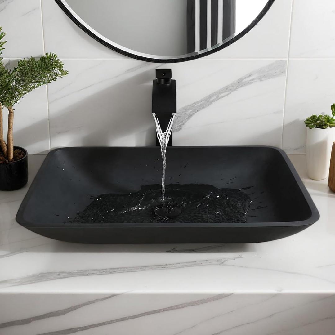 22 Inch Bathroom Glass Vessel Sink with Waterfall Faucet and Pop-Up Drain Combo,Black Rectangular Sink Bowl Above Counter Tempered Glass Sink Basin