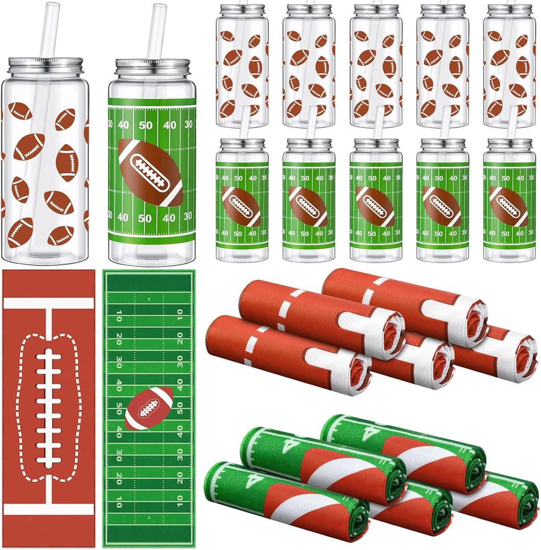 24 Pcs 16.9 Oz Football Plastic Cups Bulk Football Cooling Towel Set Include 12 Footballs Theme Cups with Straw and Lid 12 Footballs Ice Towel for Sport Party Favors Team Gifts