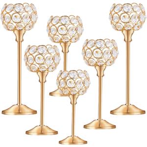 Crystal Metal Tealight Candlestick, Bling Bowl Candelabras, Tall Crystal Candle Holders Elegant Candle Centerpiece for Dining Table Wedding Home Mantel Decor(Golden, 2 Sets(6 Pcs))