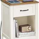 VASAGLE LIRY Collection - Farmhouse Nightstand with Charging Station, Bedside Table, Side Table with Drawer, Open Compartment, for Bedroom, Rustic White and Honey Brown ULET659K41