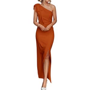 PRETTYGARDEN Women's Summer One Shoulder Long Formal Dresses Sleeveless Ruched Bodycon Wedding Guest Slit Maxi Dress (Medium, Brown)