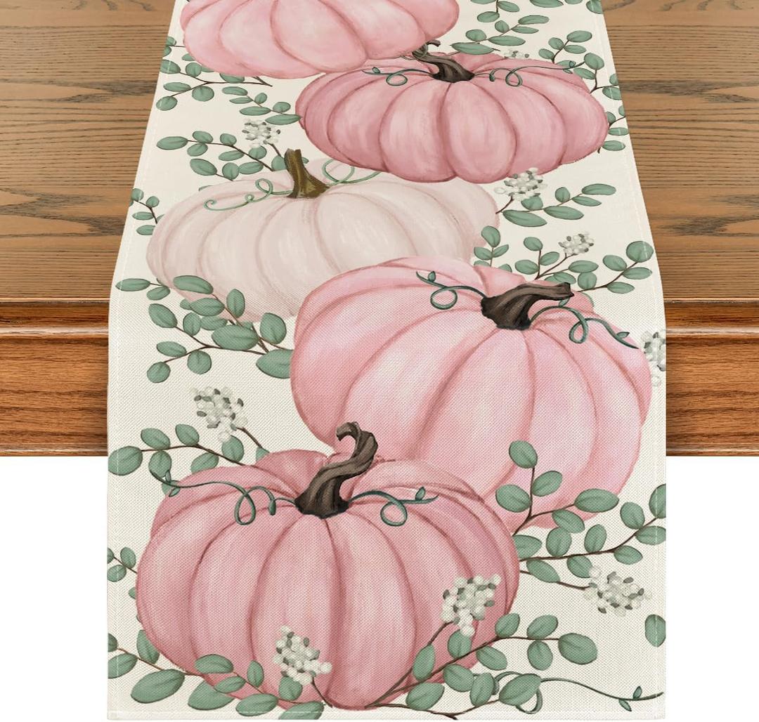 Artoid Mode Pink Pumpkins Eucalyptus Fall Table Runner, Seasonal Autumn Thanksgiving Kitchen Dining Table Decoration for Home Party Decor 13x90 Inch