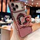 Luxury Bling Diamond Case for iPhone 17 Pro Max 6.9" - Clear Transparent Back with Glitter Card & Sparkling Rhinestones, Magnetic Kickstand, Shockproof Protection - Dazzling Cover for Women, Pink