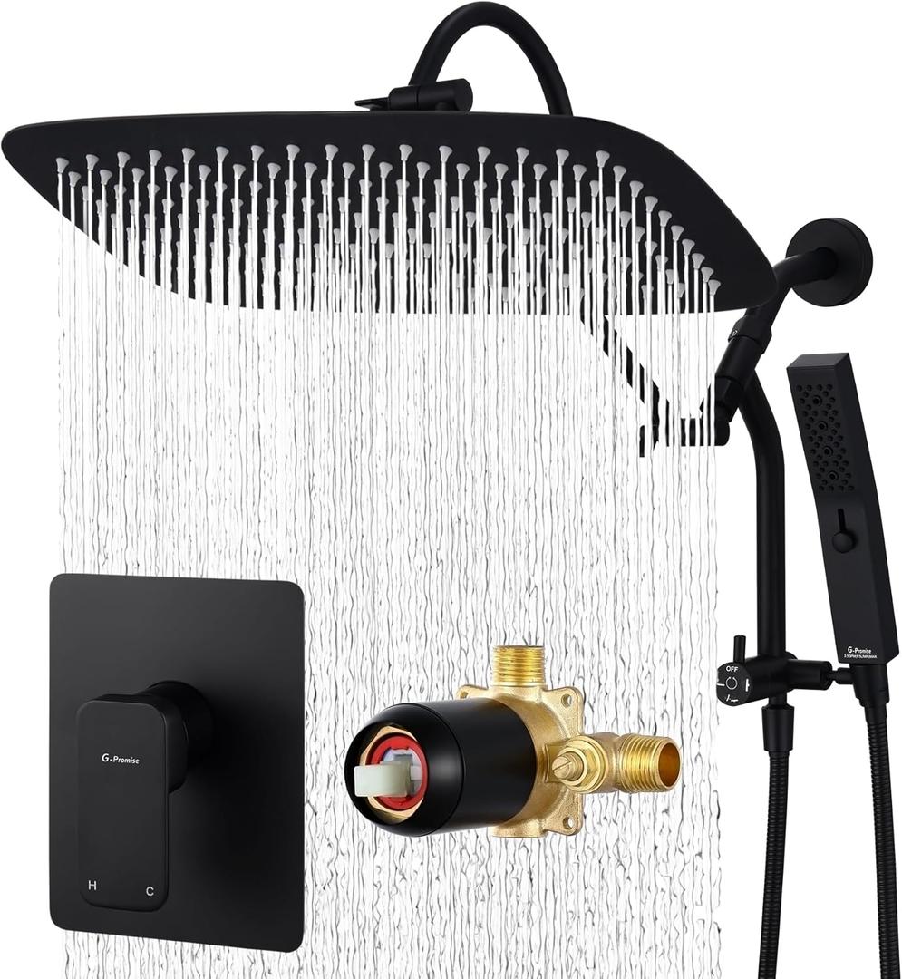 G-Promise 14 Inches Shower Faucet Sets Complete, All Metal Rainfall Shower Head and Handle Set, Extended Downward Diverter, Gooseneck Extension Arm and Pressure Balance Rough-in Valve Included (Matte Black)