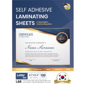 No Heat Laminating Sheets Self Sealing 8.5 x 11 Inch, 100 Pack, 4mil Thickness, Transparent, No Machine Self Adhesive Laminating Sheets, Protect documents and Photos [Letter Size] by HA SHI