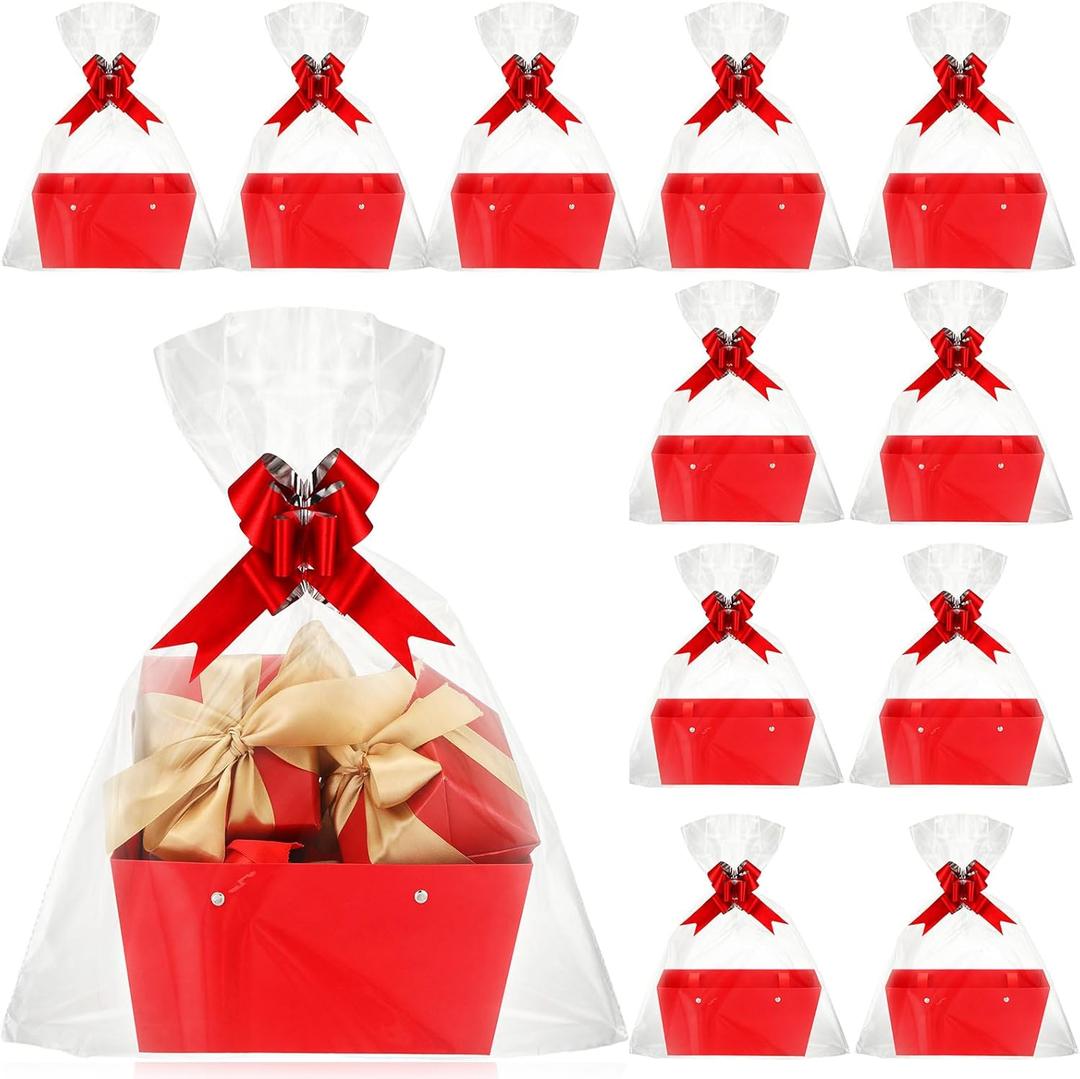 Colarr 12 Pcs Basket for Gift Empty DIY Bulk Kraft Gift Basket Kit with Handle 12 Wrapping Bag 12 Bow Market Tray for Wedding Mother's Day Bridal Shower Graduation Birthday Party Favor(Red)
