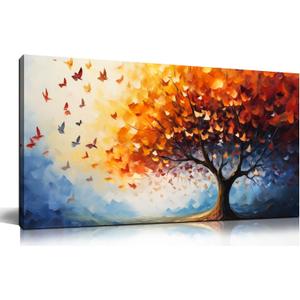 ANCXWOTER Butterfly Tree Canvas Wall Art for Living Room Bedroom Home Office Orange and Blue Colorful Butterfly Picture Tree of Life Wall Art Large Modern Canvas Prints 20x40 In
