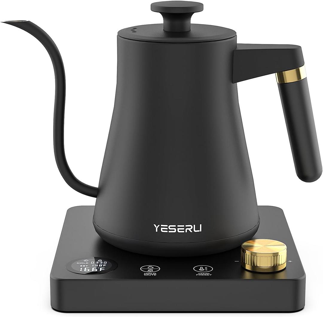 1200W Gooseneck Kettle with 1 Temperature Control,Pour Over Electric Kettle for Coffee & Tea,Digital Display,4 Temp Preset,12H Keep Warm,100% Stainless Steel,Rapid Heating,1L,Matte Black