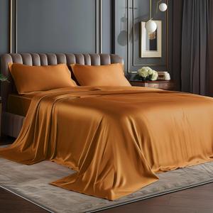 BEDELITE King Size Sheets Set, Luxury Soft Burnt Orange Satin Sheets for Hair and Skin, Similar to Silk Bed Sheets Set 4 Pieces with 1 Deep Pocket Fitted Sheet, 1 Flat Sheet, and 2 Pillowcases