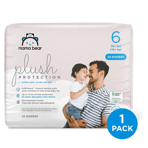 Amazon Brand - Mama Bear Plush Protection Diapers - Size 6, 25 Count, Hypoallergenic Premium Disposable Baby Diapers, White and Cloud Dreams pack of 4