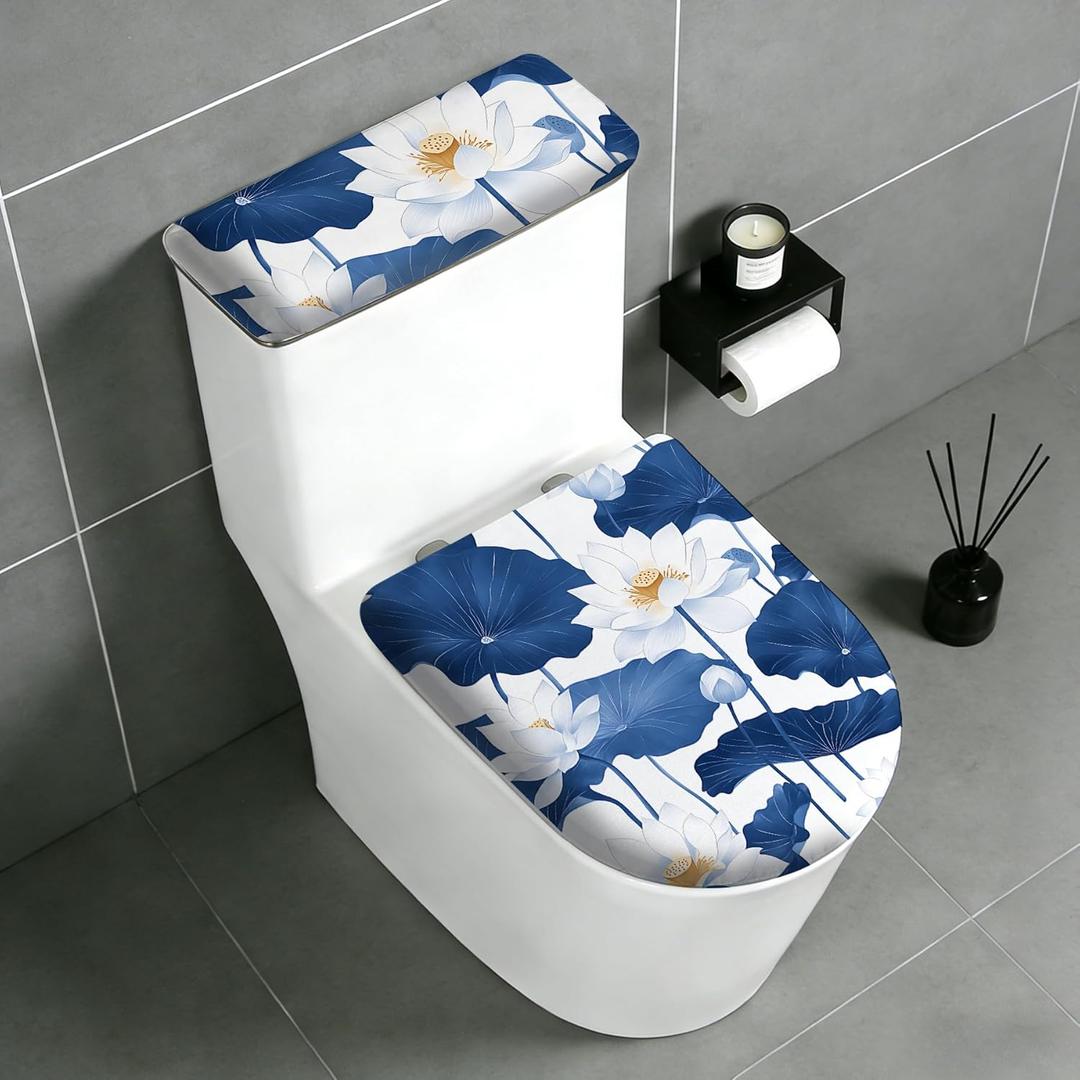 2 Pcs Toilet Lid Cover and Toilet Tank Lid Cover Set, Soft Stretchable Bathroom Covers, Fits Round and Elongated Toilet Seats, Washable and Decorative (Blue Lotus)