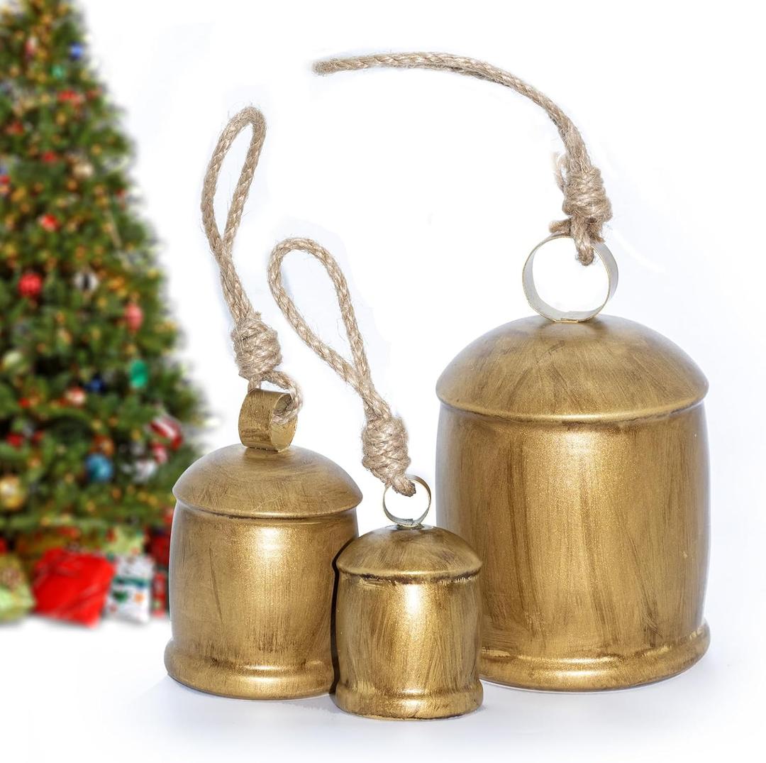 Shabby Chic Christmas Bell Set of 3, Vintage Gold Rustic Metal Harmony Cowbells with Jute Rope for Hanging, Farmhouse Decor for Door, Wall, Tree, Christmas, Thanksgiving & Crafts