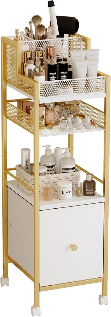 Makeup Organizer Storage Cart with Drawers, Large Floor Makeup Skincare Organizers, Rolling Makeup Cart Vanity Organizer Cosmetics Display Cases Holder for Nail Polish Brush Hair ToolGold