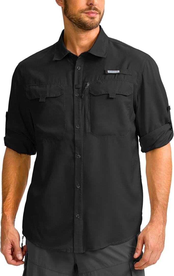 Men's Sun Protection Fishing Shirt with Zipper Pockets Long Sleeve UPF 50+ UV Cooling Shirts for Men Hiking Travel (Black, L)