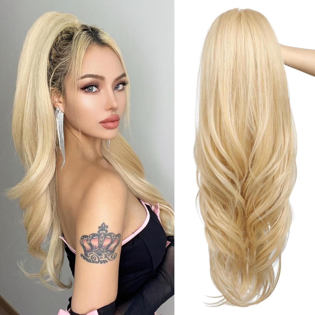 SEIKEA Versatile Drawstring Ponytail Extension, 26" Long Wavy Multi Layered Clip in Ponytail Hair Extensions Stand Up High Fake Pony Tail Soft Natural Synthetic Hairpiece Lightest Golden Blonde